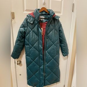 NWT Rebecca Minkoff Women’s Quilted Long Hooded Puffer Coat Sz M Deep Sea Color